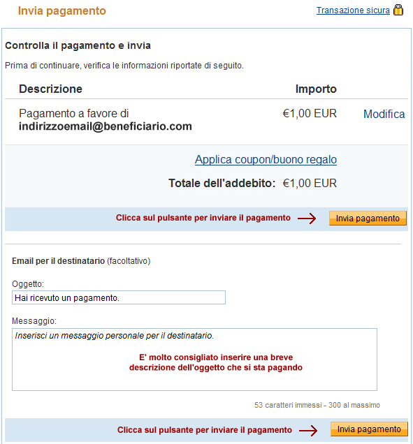 Schermata riassuntiva di Invio pagamento Schermata riassuntiva di Invio pagamento