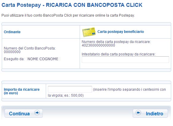 ricarica online postepay dal conto BancoPosta click