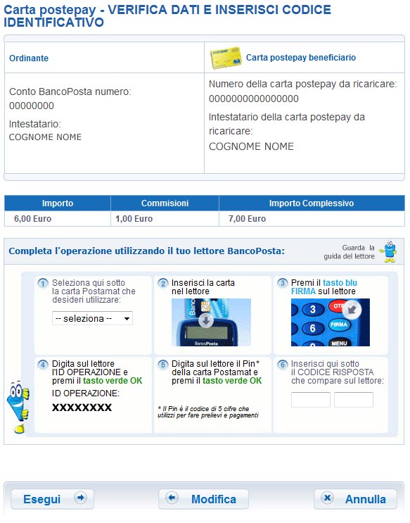 ricarica online da bancoPosta click usando il lettore del bancomat